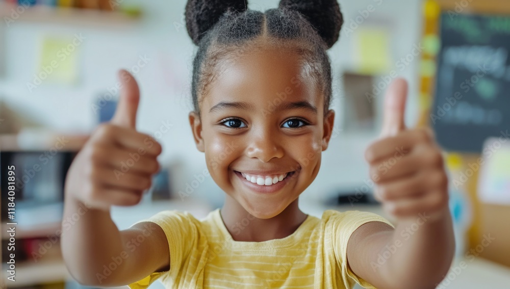 A cheerful young girl smiles broadly while giving a thumbs up, showcasing her excitement and pride in a vibrant classroom surrounded by educational resources A cheerful young girl smiles broadly while giving a thumbs up, showcasing her excitement and pride in a vibrant classroom surrounded by educational resources
