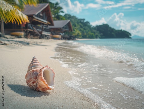 Centered in the frame, a seashell lies on the sandy shore, tilted slightly with its tip pointing up photo