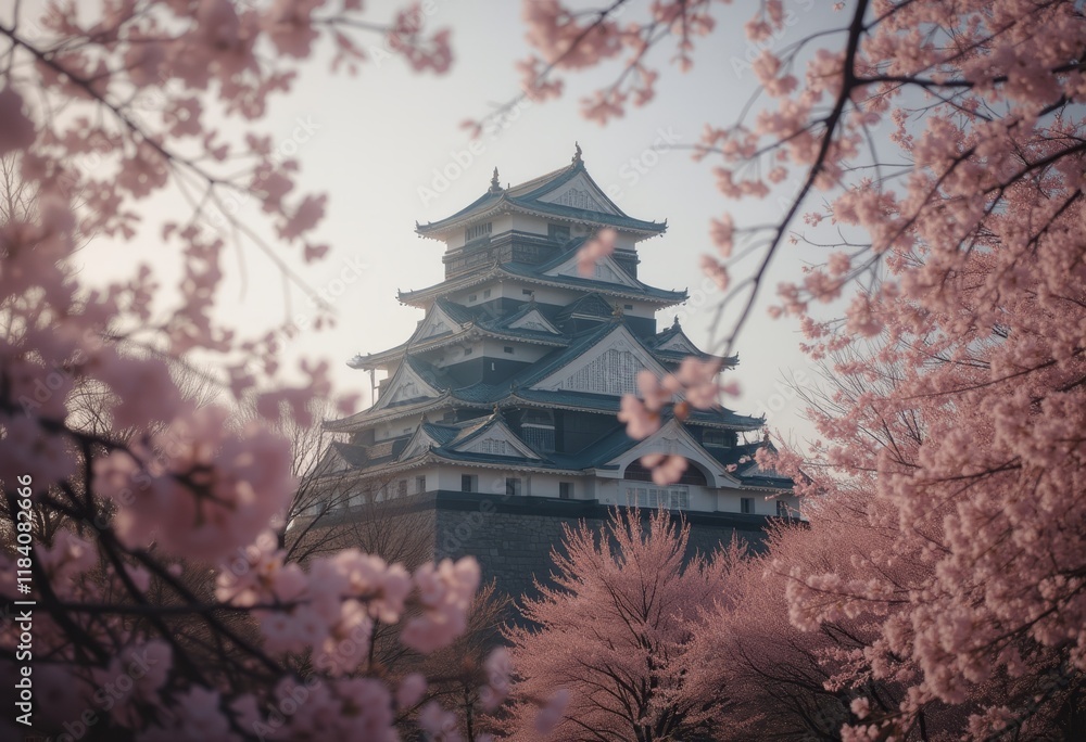 Japanese castle framed by cherry blossoms in spring Japanese castle framed by cherry blossoms in spring
