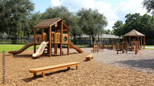 Children's wooden playground, sunny day, outdoor fun, nature background, preschool