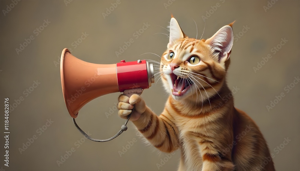 Fototapeta premium A funny cat shouting into a megaphone a playful advertisement for promotions. This adorable furry friend serves as a captivating promoter with viral marketing potential