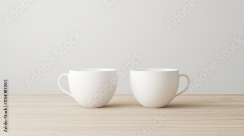 Wallpaper Mural Two white coffee mugs are placed on a light wooden surface against a plain background, presenting a clean and minimalist aesthetic. Torontodigital.ca