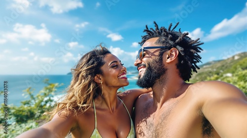 Cheerful multi-ethnic couple on summer vacation