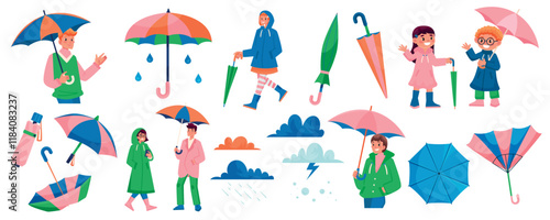 People with Umbrellas in Various Weather Conditions