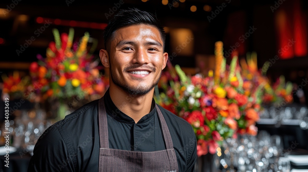 Smiling chef event portrait, floral backdrop, banquet hall Smiling chef event portrait, floral backdrop, banquet hall