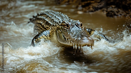 Large crocodile emerging from murky water, splashing.