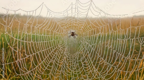 A Glimmering Spider Web Adorned with Dew Drops in a Serene Field at Early Morning Light photo