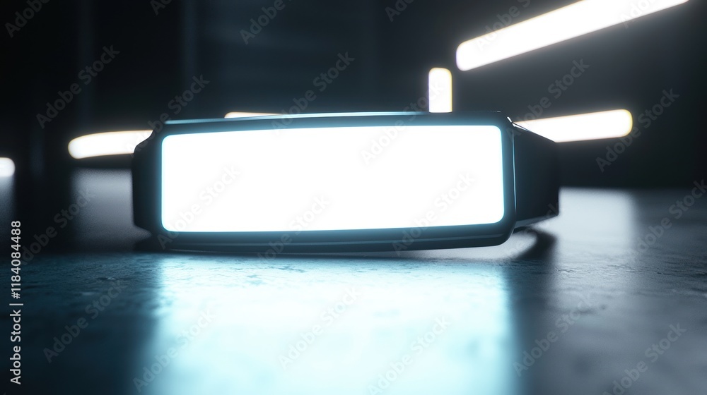 Futuristic Smart Glasses Displaying Blank Screen, Neon Lights Background