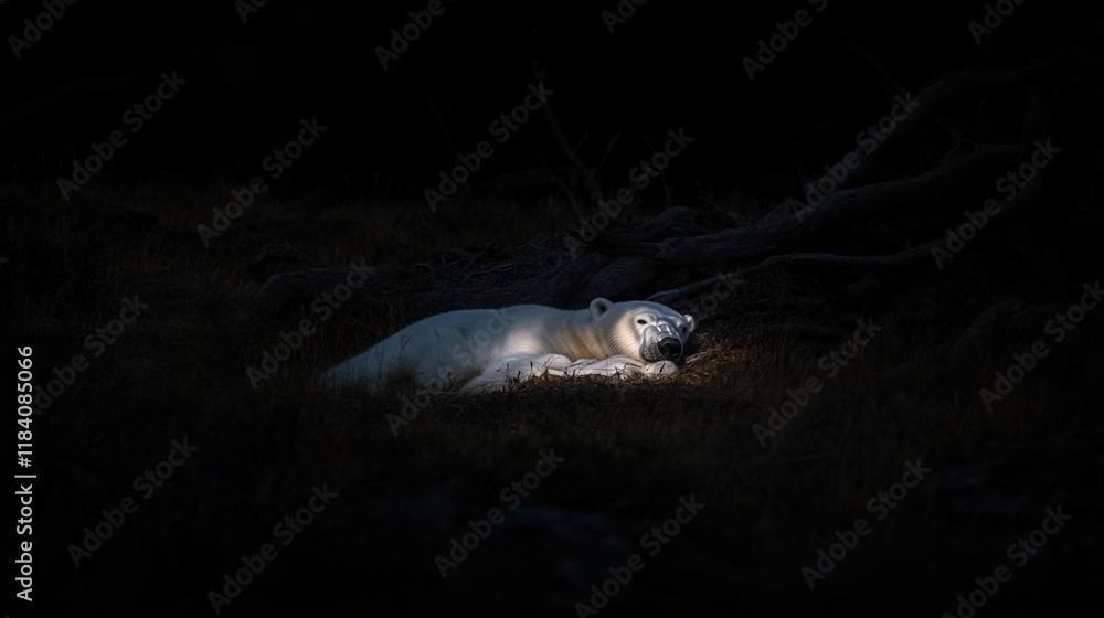 Majestic Polar Bear Resting in Natural Habitat Under Soft Light Among Dark Surroundings Majestic Polar Bear Resting in Natural Habitat Under Soft Light Among Dark Surroundings