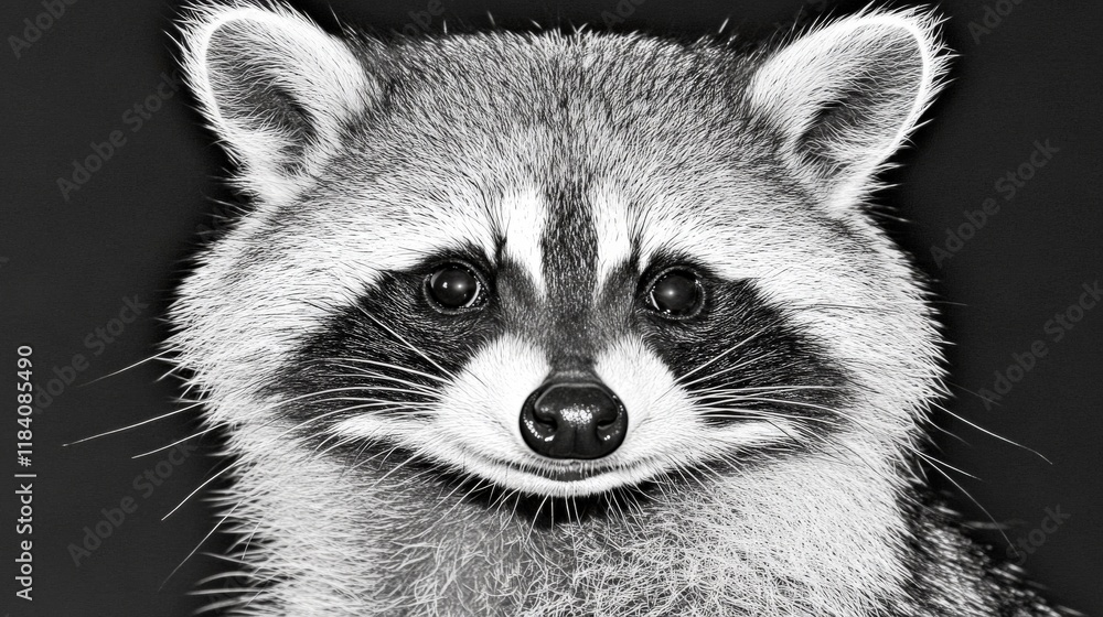 Obraz premium Black and White Portrait of a Raccoon with Striking Facial Features and Expressive Eyes in High Detail