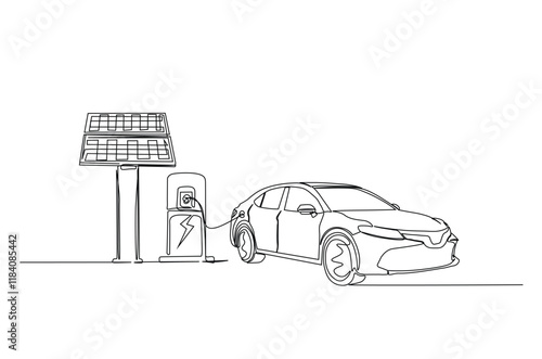 Electric car and charging stations in continuous one line drawing. Electric car charging in stations single line art illustration. Editable vector.