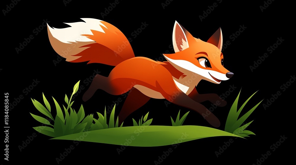 Obraz premium A playful fox dashes through the grass, its vibrant fur glowing against the dark background.