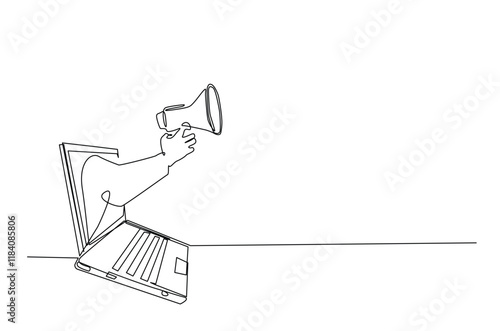 Hand holding megaphone come out from notebook drawing in continuous one line drawing. Note book and megaphone in single line art illustration. Editable vector.