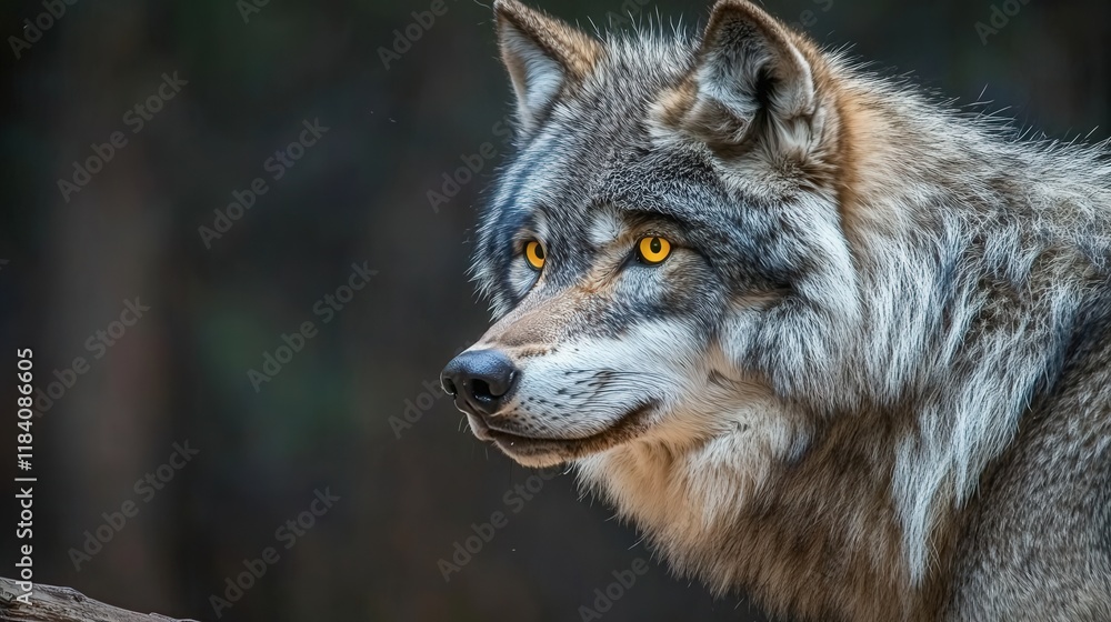 Obraz premium Close-up Profile of a Majestic Wolf with Striking Yellow Eyes in Natural Woodland Environment