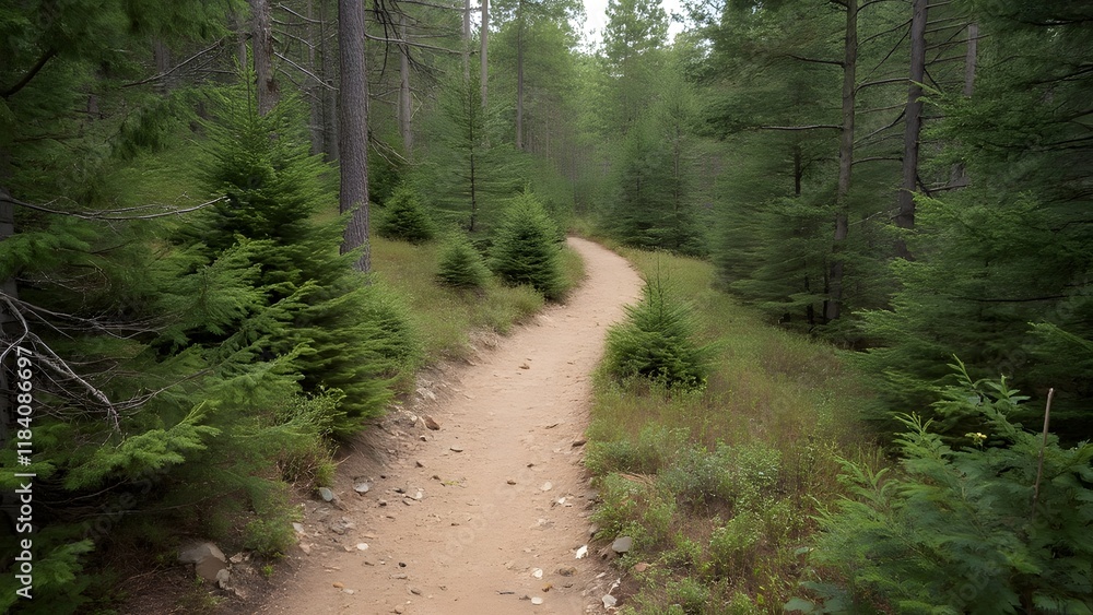 Naklejka premium Serene Beige Forest Hiking Trail, Winding Path Through Lush Greenery