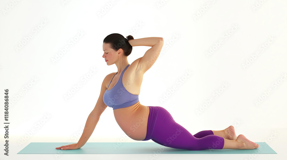 Postpartum recovery is supported by targeted exercises. Pregnant Woman Practicing Yoga Pose on Exercise Mat at Home Postpartum recovery is supported by targeted exercises. Pregnant Woman Practicing Yoga Pose on Exercise Mat at Home