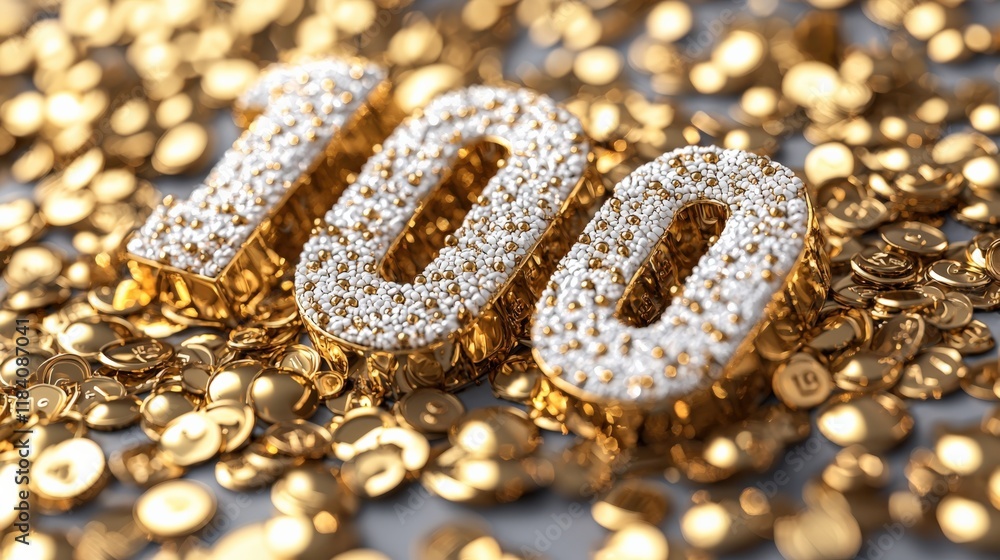Glittering Gold Hundred Symbol on Coins Glittering Gold Hundred Symbol on Coins