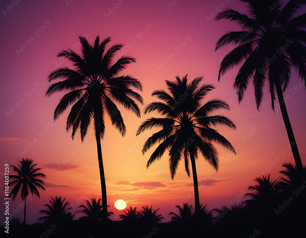 Obraz premium Palm trees silhouetted against a tropical sunset.