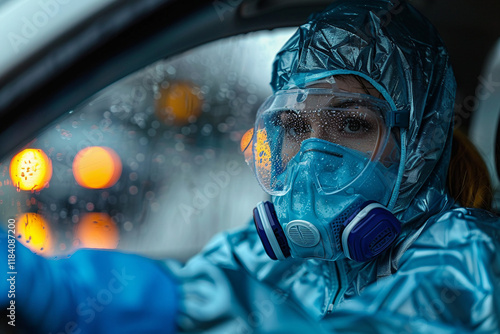 Close-up of a person wearing protective gear, costume, hazmat suit, mask, and goggles generative AI photo