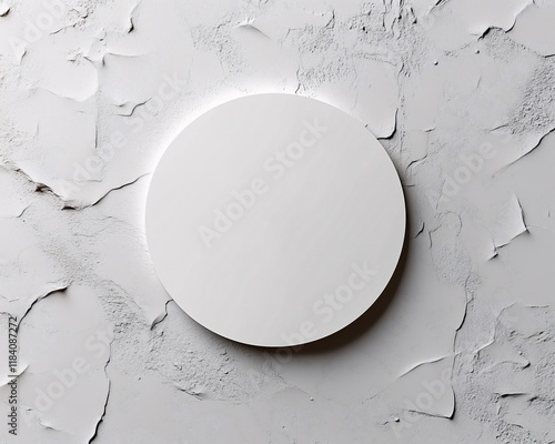 Circular white sticker on rugged textured wall, organic template for ecofriendly logo and branding designs. photo