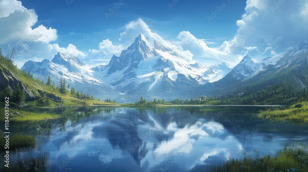 Fototapeta premium A serene mountain landscape with snow-capped peaks and a crystal-clear lake reflecting the sky