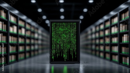 A 3D render of a digital screen displaying medical data within a library, symbolizing the evolution of healthcare records and access to information.