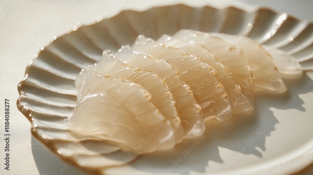 Delicate Slices of Fish on Shell-Shaped Plate Delicate Slices of Fish on Shell-Shaped Plate
