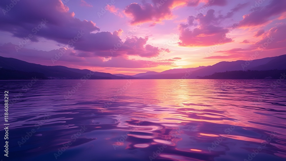 Obraz premium Vibrant Purple Sunset, Serene Water Reflections and Ripples, Calming Landscape, Abstract Nature Photography