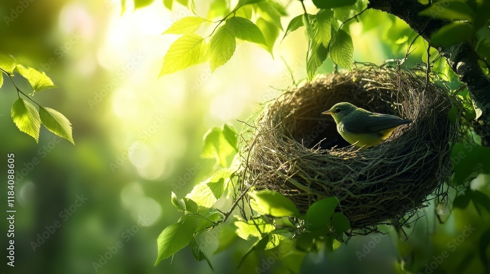 Serene Scene of Bird Constructing Nest in Verdant Tree with Soft Sunlight Peeking Through - Wildlife Harmony in Nature Serene Scene of Bird Constructing Nest in Verdant Tree with Soft Sunlight Peeking Through - Wildlife Harmony in Nature