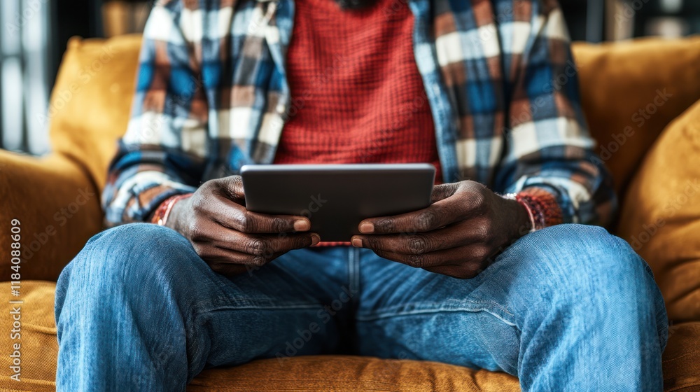Man using tablet, relaxing on sofa, library background, leisure Man using tablet, relaxing on sofa, library background, leisure