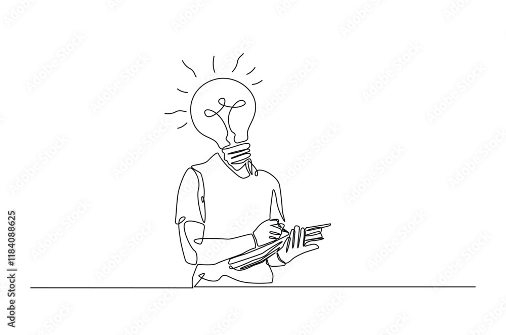 Naklejka premium Head lamp person replace with bulb lamp writing notes continuous one line drawing. Creative person with head lamp making notes in single line art illustration. Editable vector.