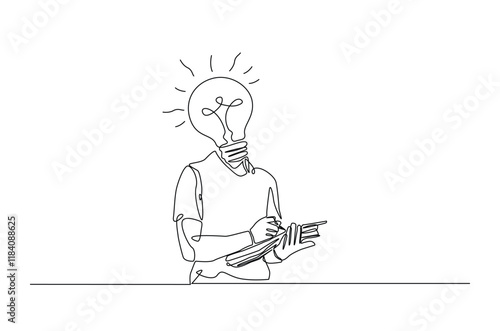 Head lamp person replace with bulb lamp writing notes continuous one line drawing. Creative person with head lamp making notes in single line art illustration. Editable vector.