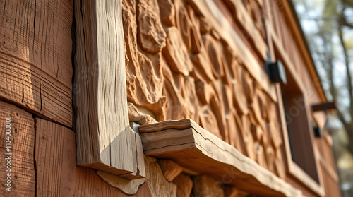 Wooden Frame with Carved Stone Inset and Shelf Detail photo