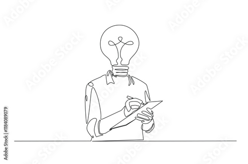 Head lamp person replace with bulb lamp writing notes continuous one line drawing. Creative person with head lamp making notes in single line art illustration. Editable vector.