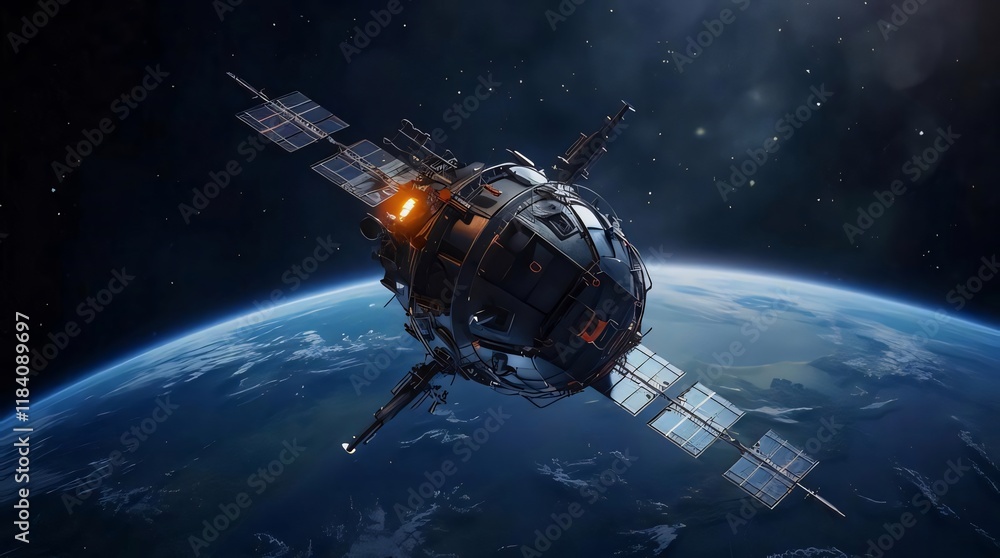 Satellite orbiting Earth, space exploration, cosmic background.