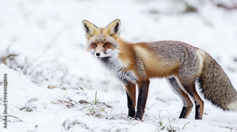 Fototapeta premium Red fox standing in snowy landscape. (2)