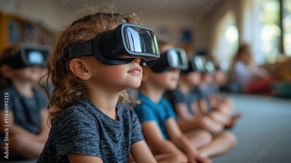Preschoolers wearing VR headsets in classroom Preschoolers wearing VR headsets in classroom
