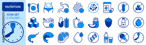 Icons in two colors about nutrition, healthy food.