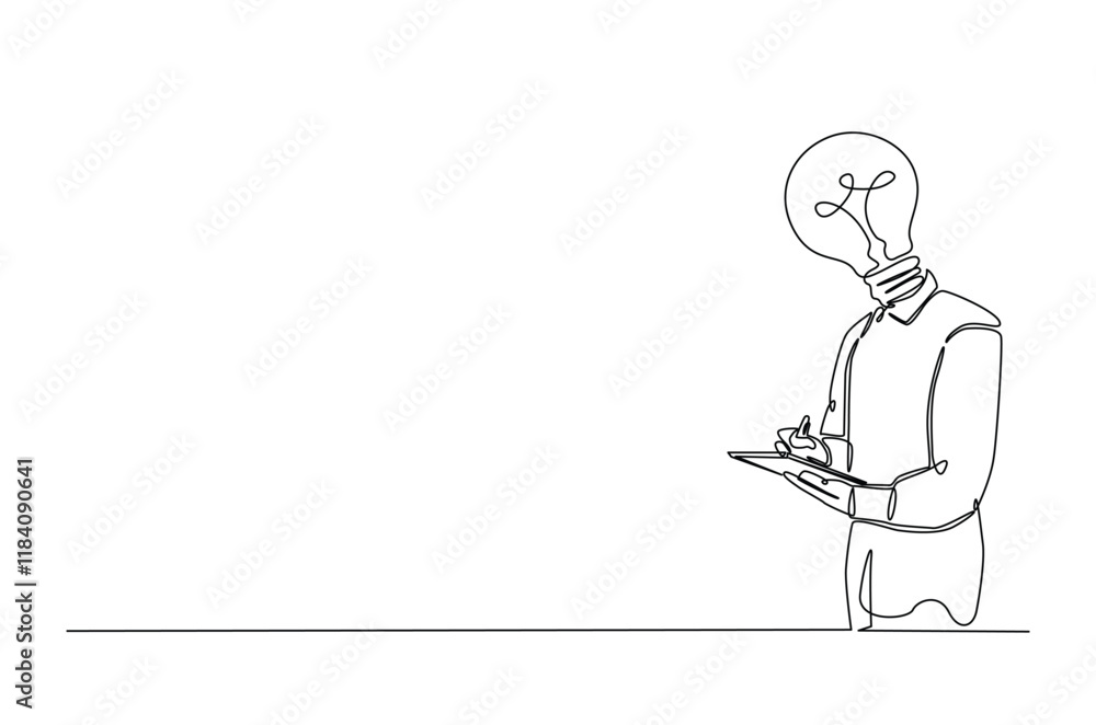 Head lamp person replace with bulb lamp writing notes continuous one line drawing. Creative person with head lamp making notes in single line art illustration. Editable vector. Head lamp person replace with bulb lamp writing notes continuous one line drawing. Creative person with head lamp making notes in single line art illustration. Editable vector.