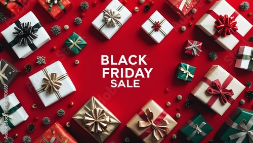 An overhead view showcases beautifully wrapped gifts in various colors and sizes, adorned with festive ribbons and bows, promoting an exciting Black Friday sale on a striking red background. photo