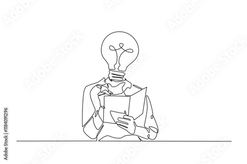 Head lamp person replace with bulb lamp writing notes continuous one line drawing. Creative person with head lamp making notes in single line art illustration. Editable vector.