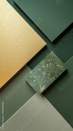 Bold angular shapes in vibrant sage green and gold interact harmoniously, creating a dynamic visual blend. Ideal for artistic pursuits in contemporary design and decor