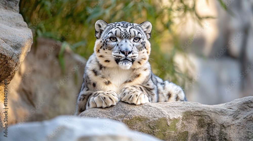 A snow leopard perched on a high rock, scanning its territory with piercing eyes A snow leopard perched on a high rock, scanning its territory with piercing eyes
