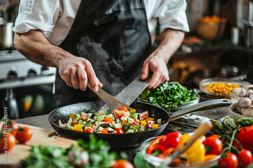 Chef plating a dish with precision, modern kitchen in the background generative AI Chef plating a dish with precision, modern kitchen in the background generative AI