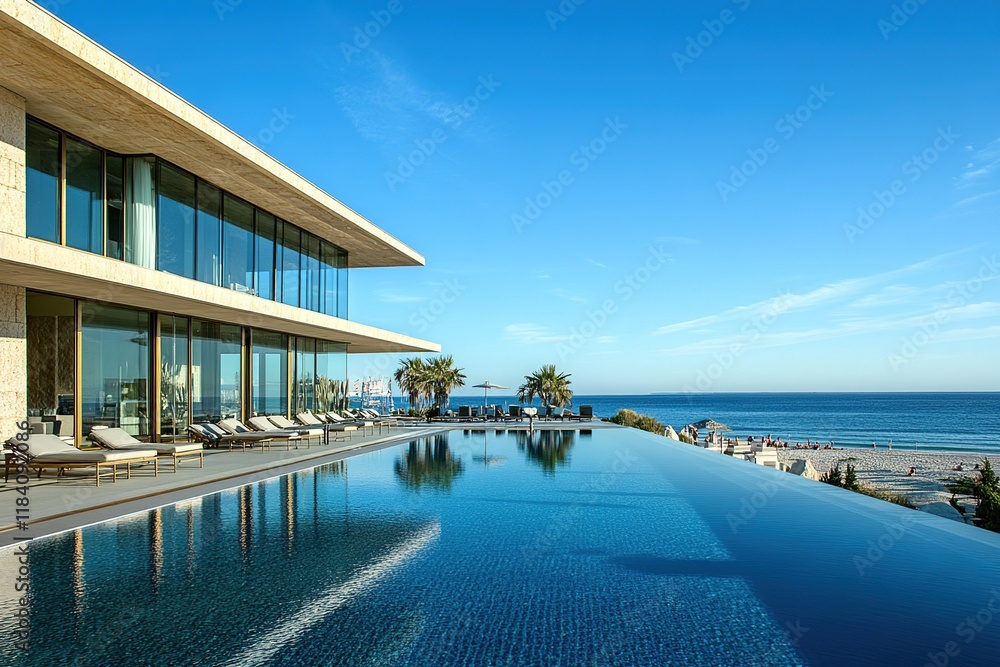 Fototapeta premium Luxury Oceanfront Villa: Infinity Pool, Modern Architecture, Stunning Sea Views, Beach Access, Relaxing Getaway