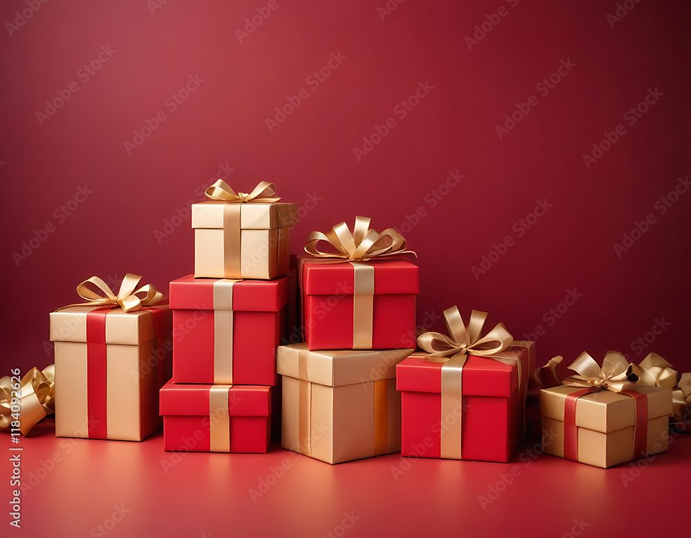 Red and gold gift boxes stacked in a festive composition. Red and gold gift boxes stacked in a festive composition.