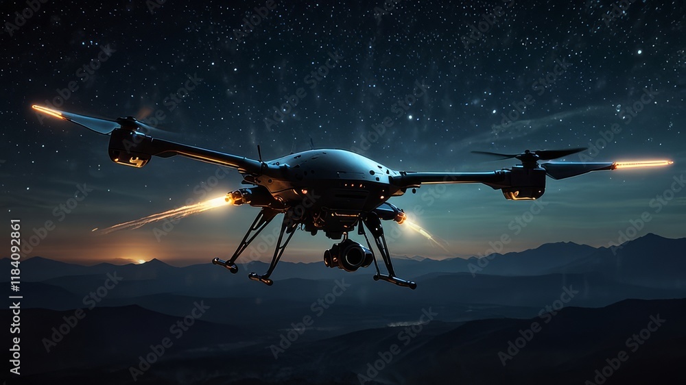 Naklejka premium Military drones and mysterious UAPs hover in the night sky, their eerie lights reflecting an unsettling mix of extraterrestrial intrigue and shadowy human ...