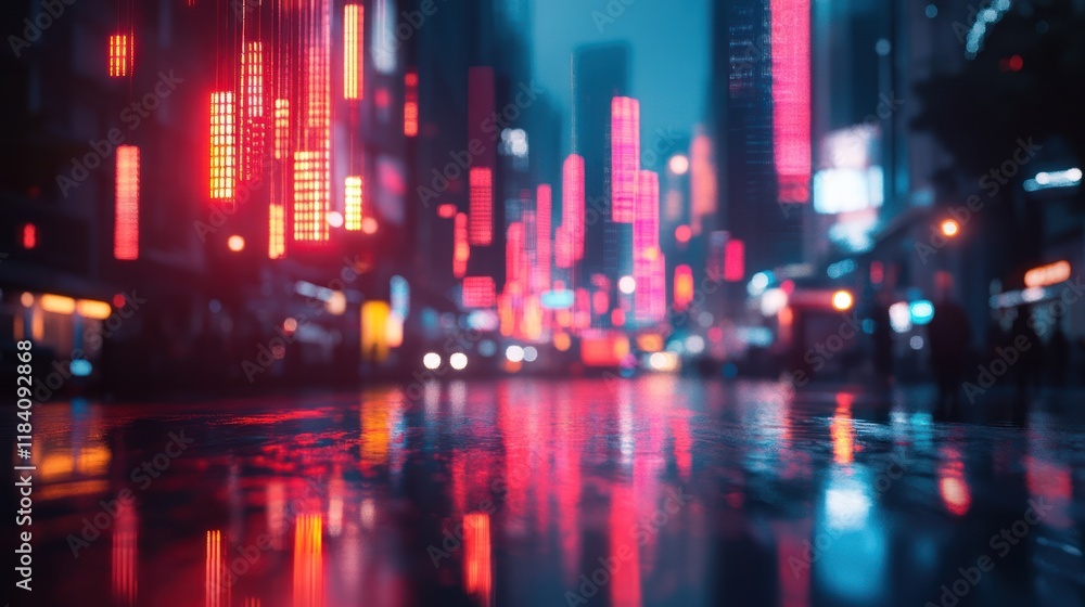 Obraz premium Rainy city street night reflections, neon lights, blurred background, urban scene