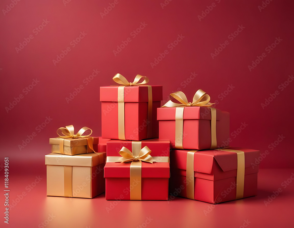 Fototapeta premium Red and gold gift boxes stacked in a festive composition.