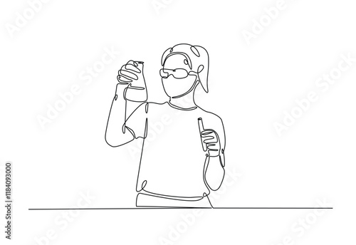 Scientist holding test tube in continuous one line drawing. Single line art illustration of Scientist and laboratory equipment. Editable vector.